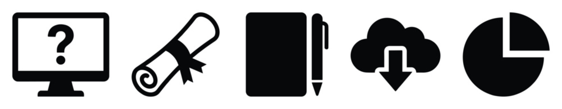 Comprehensive set of digital icons for education business and data analysis including question support diploma success notebook writing cloud download and statistical pie chart graphics