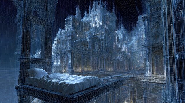 sleep architecture constructing dream cathedrals from neural blueprints, REM scaffolding theta waves architectural consciousness, restorative construction