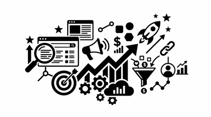 Obraz premium Digital Marketing Growth Strategy Chart Rocket Funnel Analytics Concept