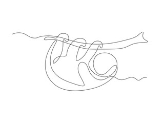 Fototapeta premium A charming sloth clings lazily to a branch, its curved body and relaxed posture. Continuous single one line art hand drawing sketch logo on white background.