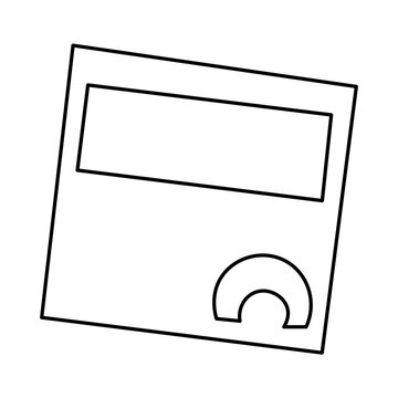Simple black and white line art drawing of a vintage portable music player, resembling an early iPod, with a rectangular screen and a distinct circular control pad.
