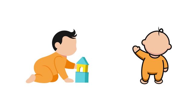 Baby crawling toward friend holding toy. Baby activity Icon concept. Full length Icon animation illustration. High quality&nbsp;4k&nbsp;footage