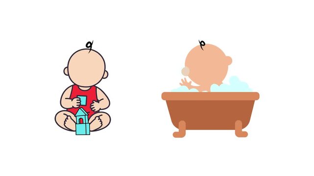 Baby bathing happily in tub. Baby activity Icon concept. Full length Icon animation illustration. High quality&nbsp;4k&nbsp;footage
