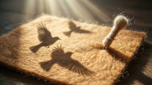 Bird Shadows on Brown Wool with Punch Needle Craft Tool