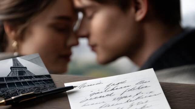 Romantic couple love letter handwriting pen photograph memory intimacy Eiffel Tower nostalgia Tender romantic couple soft focus share intimate moment behind handwritten love letter, elegant pen