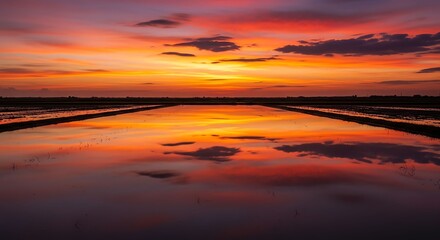Obraz premium Beautiful Sunset Over Calm Water with Vibrant Sky and Reflections.
