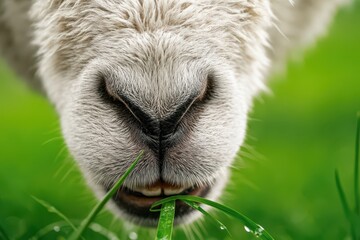 Fototapeta premium Close-up of Alpaca eating grass with transparent background texture