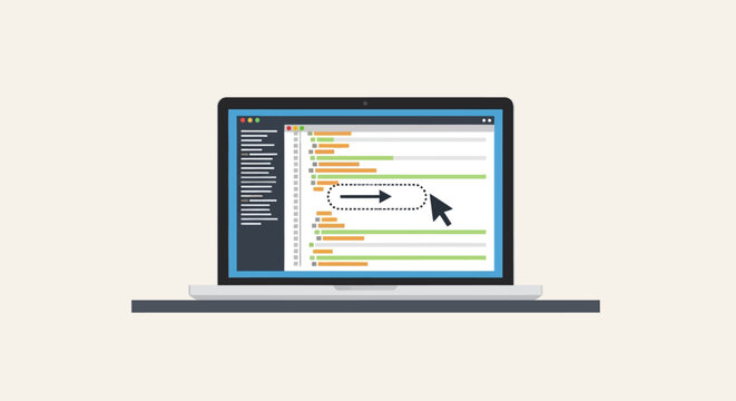 A realistic depiction of a laptop computer screen displaying code with a cursor highlighting a button element, symbolizing programming and web development concepts