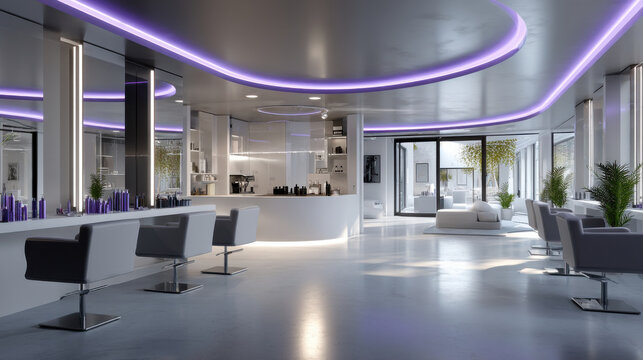 Futuristic hair salon interior modern stylist chair glossy counter purple neon light glass wall white sofa luxury spa vibe empty space reflection on floor urban night city view