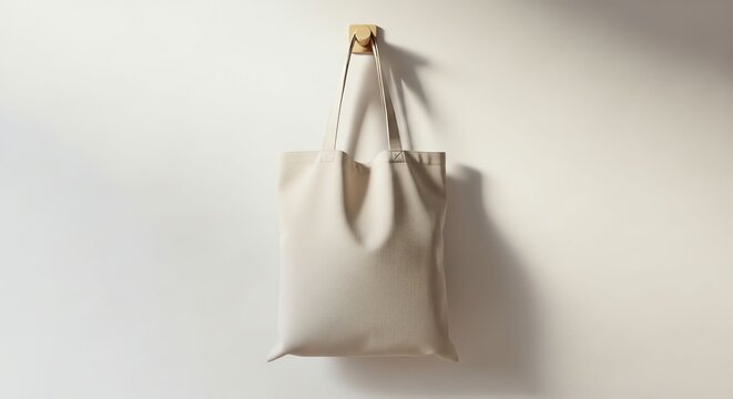 Minimalist beige tote bag hanging on a wall with shadow effect.