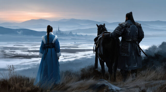 Warrior woman horse armor winter steppe landscape sunrise mountain fortress Serene winter steppe sunrise with armored warrior woman and horse gazing toward distant fortress and layered mountain