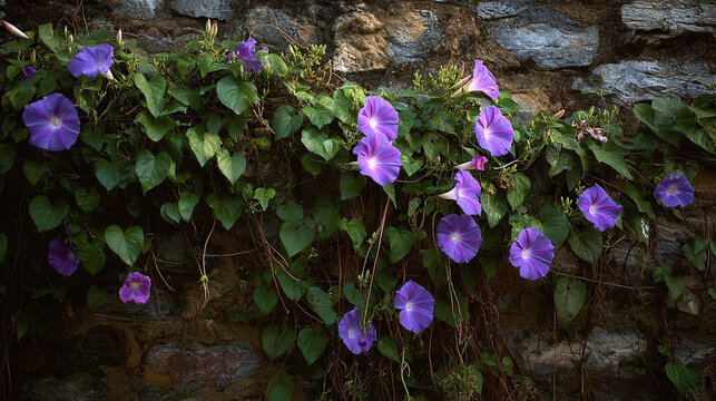 Purple morning glory flowers grow on old stone wall. Green vines with leafy foliage spread across textured surface in sunlight. Blooms open towards light