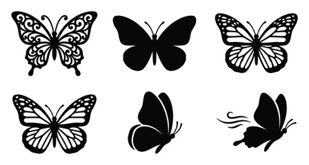 Naklejka premium Collection of diverse butterfly silhouettes featuring ornate, solid, and flying designs, perfect for nature themed decorations, graphic projects, and elegant craft applications