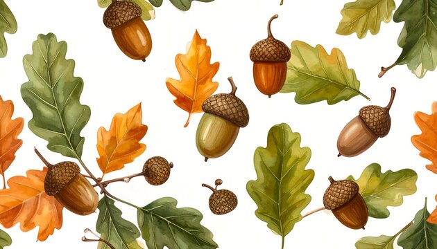 A colorful arrangement of autumnal leaves and acorns on white background