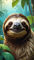 Obraz premium A sloth with a calm expression in a lush green forest