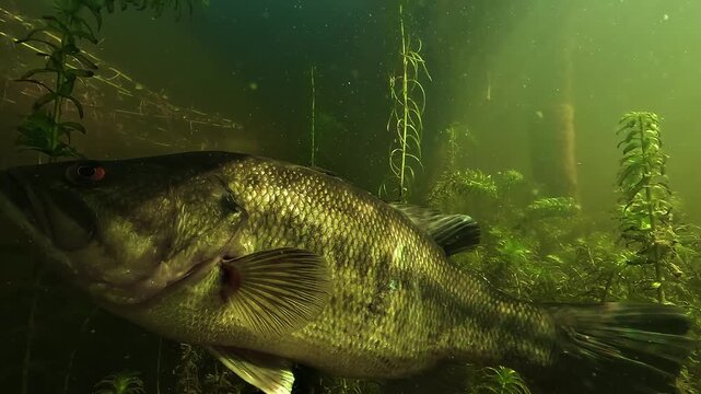 Extreme close up of a red eyed largemouth bass Micropterus salmoides moving through green aquatic plants, showing realistic detail during spawning season in shallow freshwater habitat