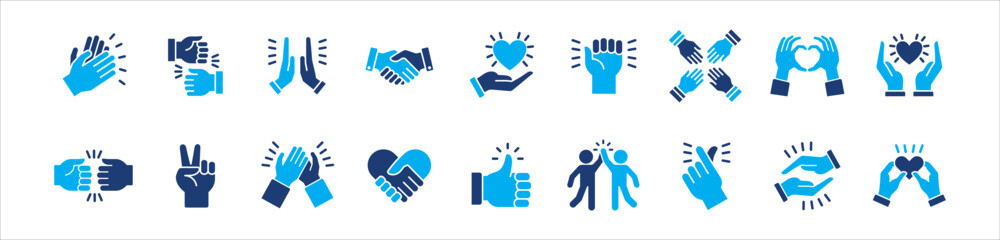 Obraz premium Hand sign icon set. Containing icon symbol : high five, clap, applause, fist bump, handshake, love, expression of love, peace, thumb up, care, passion, support, partnership, trust, cooperation.