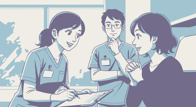 Medical professionals, healthcare team, doctor nurse, patient consultation, blue purple vector illustration
