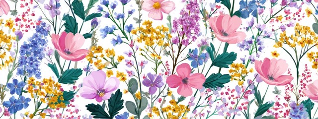 Obraz premium A vibrant floral pattern with a white background, featuring various colorful flowers