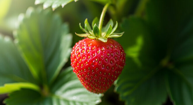 Freshly ripened strawberry on a lush green plant in natural sunlight