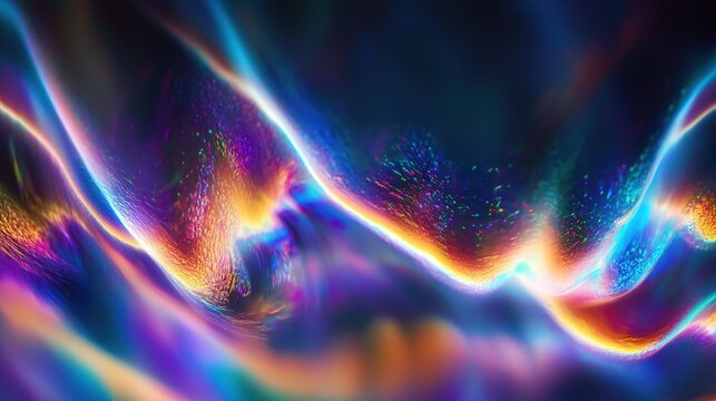 Close-up aurora borealis with neon rainbow colors, holographic effects and swirling vortexes, hyper-realistic iridescent gradients on dark background for creative digital design