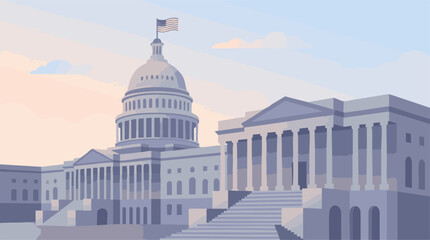 Obraz premium US Capitol Building with American Flag - Government and Politics Icon