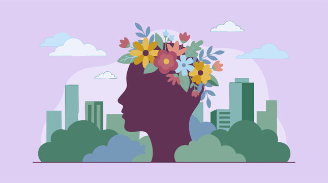 Head with flowers in cityscape, symbolizing mental wellness and inner growth