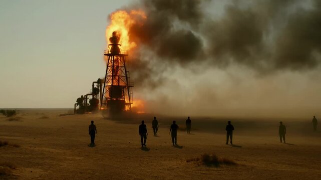 Burning oil well with thick black smoke rising into the sky, symbolizing environmental disaster, industrial accident, and energy crisis.
