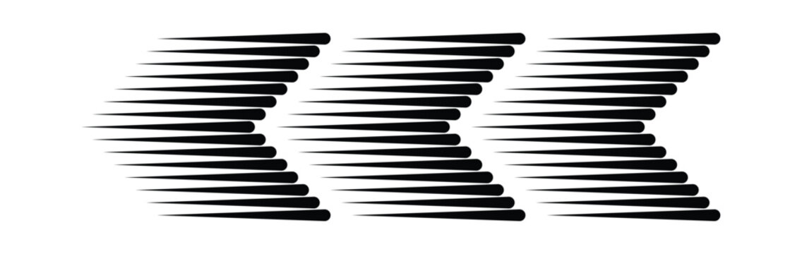 Racing arrow speed streaks in layered motion style, triple directional arrows with blur lines, motorsport velocity symbol, isolated graphic for formula one race events
