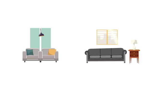 Modern Sofa Area With Minimalist Interior. Home Interior Icon concept. Full length Icon animation illustration. High quality&nbsp;4k&nbsp;footage