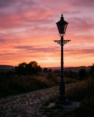 Obraz premium Vintage street lamp illuminating cobblestone path at sunset 