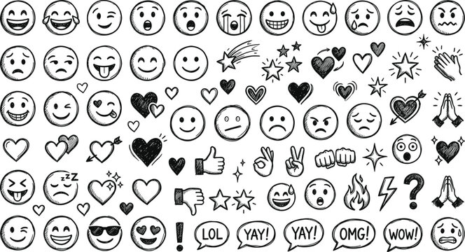 A whimsical black and white doodle collection featuring various expressive faces hearts stars and playful symbols
