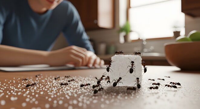 ants gathering on sugar cube wooden surface kitchen scene macro detail