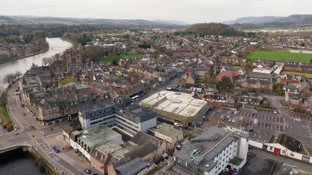 Aerial View of Inverness Cityscape, Scotland, Along River Ness, Urban Landscape, Tourism Destination