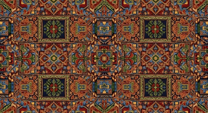 Colorful intricate ornamental mosaic design with symmetrical folk motifs