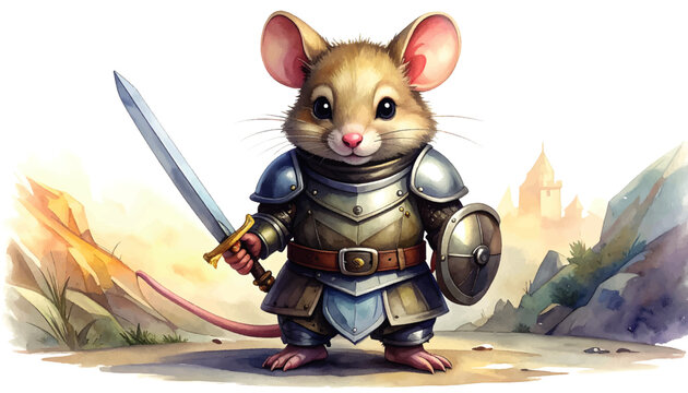 Charming digital watercolor illustration of a brave little mouse warrior in medieval armor, holding a sword and shield for a fantasy quest