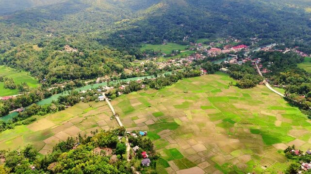 aerial view of the Loboc River valley and rural rice fields in Bohol Philippines drone fly above scenic landscape adventure travel destination