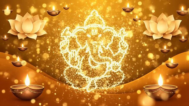 Animated Ganesh Chaturthi Gradient Banner Background with Saffron Gold Transition, Glowing Lotus Patterns, and Ganesha Silhouette Formed by Sparkling Light Particles
