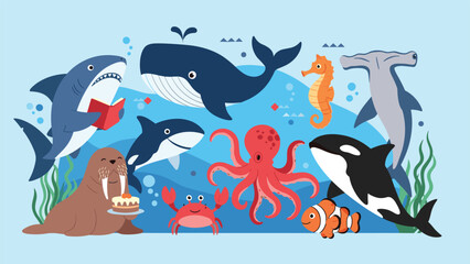 Obraz premium Underwater sea life illustration with friendly cartoon animals like whales, sharks, and fish in a vibrant blue ocean for children education.
