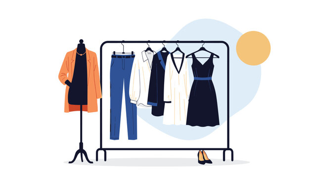 Retail clothing rack with assorted garments like dresses and jackets next to a fashion mannequin for apparel shop and boutique displays.