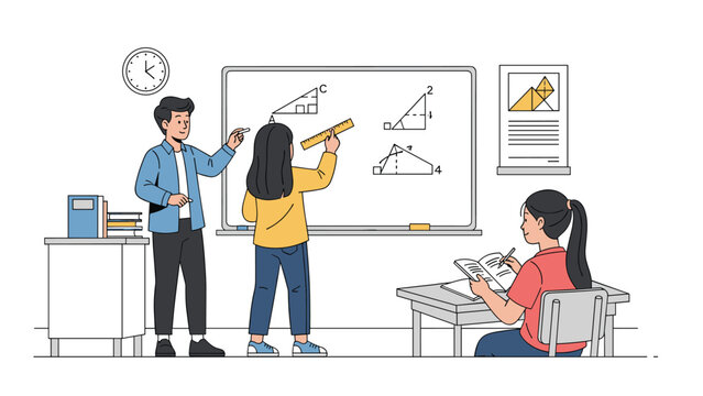 Teacher and students in a classroom setting solving geometry problems on a whiteboard to illustrate education, learning, and school life.