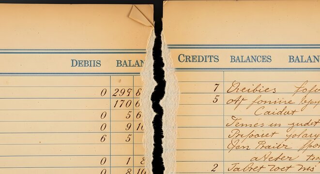 Torn vintage ledger page with handwritten credits and debits in black ink torn paper handwritten text