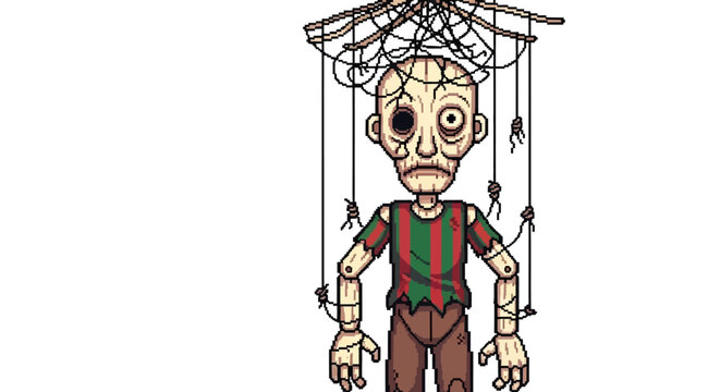 Creepy Wooden Puppet Dangling by Strings with Spiders.