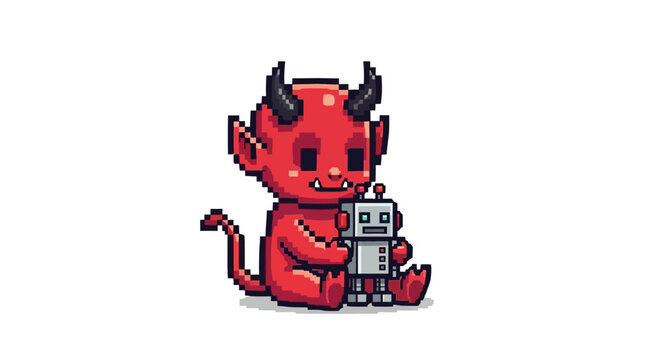 Cute Pixel Art Devil Character Hugging a Robot Toy.