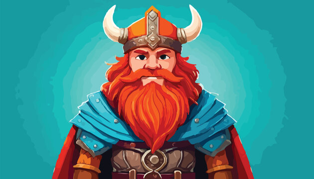 Cartoon Viking Warrior with Horned Helmet and Red Beard.