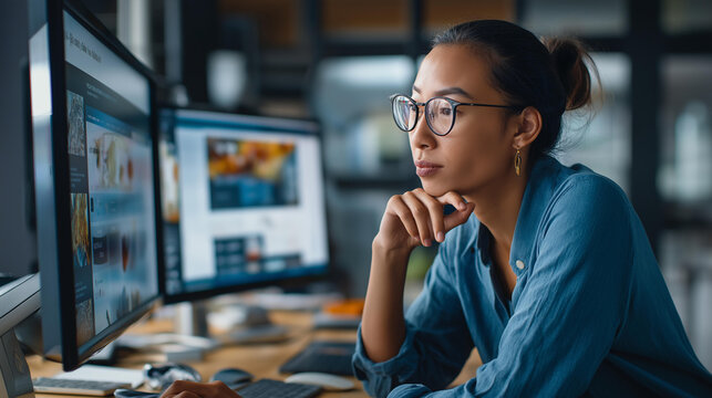 Digital advertiser compares two banner ads on dual monitors in an office computer setup for A/B testing comparison and analytics