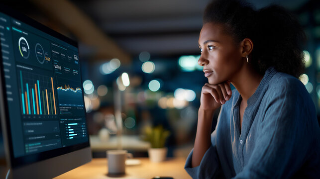Performance marketer analyzing cost per click and conversion rate on a large desktop monitor in a dark office focused on analytics and metrics