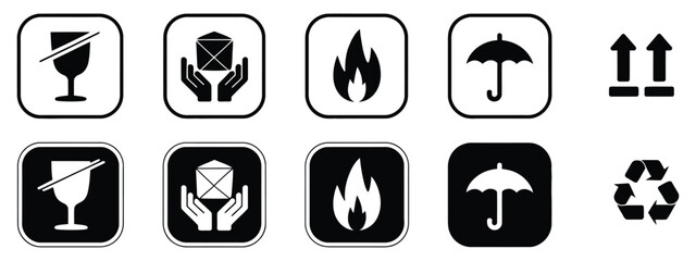 Packaging handling symbols set showing fragile, flammable, recycle, keep dry, this side up, and handle with care signs, ideal for shipping labels, logistics, and warehouse safety markings ©  Masud Khabir