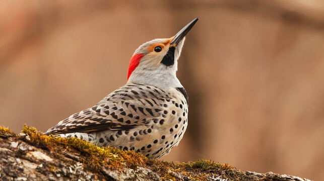 A Northern Flicker perched on a mossy log in a forest setting