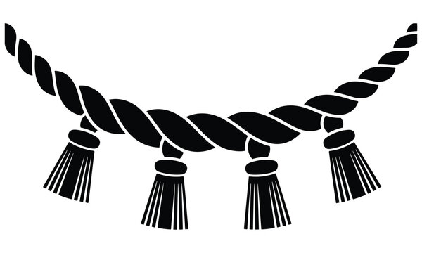 Traditional shimenawa sacred straw rope with hanging paper tassels isolated on white background as a religious shinto cultural design element